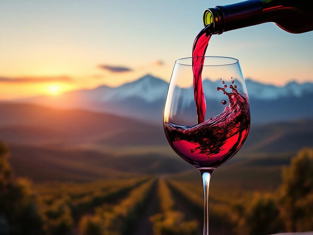 Malbec wijn wordt ingeschonken in glas met Andes bergen en Argentijnse wijngaarden bij zonsondergang op achtergrond