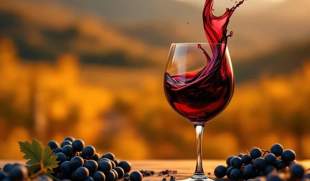 Glas met paarse Malbec wijn draait tegen wazig Argentijns wijngaard landschap met druiven en wijnbladeren