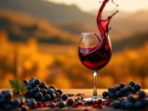 Glas met paarse Malbec wijn draait tegen wazig Argentijns wijngaard landschap met druiven en wijnbladeren