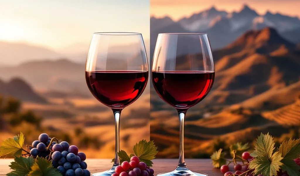 Twee glazen rode Malbec wijn tegen Peruaanse kustlandschap en Argentijnse wijngaarden met Andes bergen op achtergrond