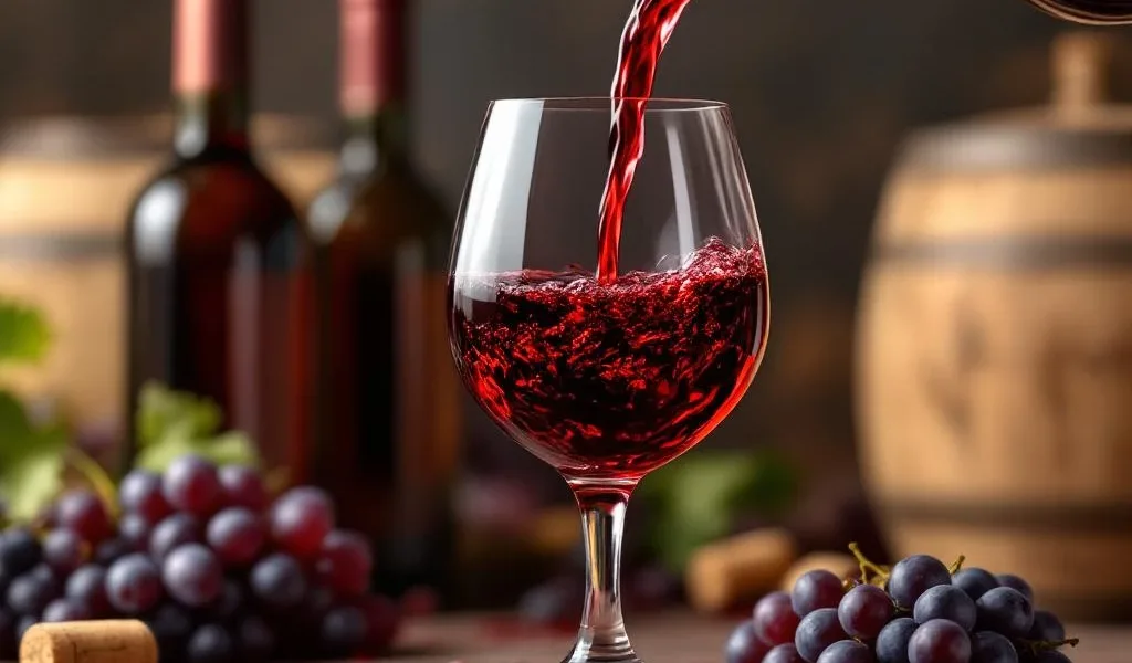 Merlot wijn wordt ingeschonken in kristallen glas met druiven en vaten op achtergrond in warme verlichting