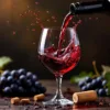 Bordeauxrode Merlot wijn wordt ingeschonken in kristallen glas met spatten, donkere houten achtergrond, druiven rondom