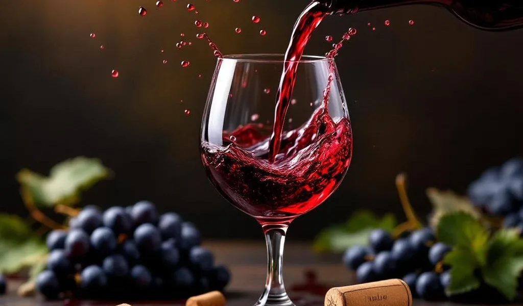 Bordeauxrode Merlot wijn wordt ingeschonken in kristallen glas met spatten, donkere houten achtergrond, druiven rondom