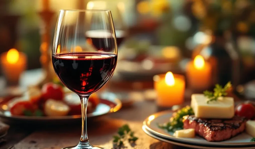 Glas rode Merlot wijn op rustieke houten tafel met gegrild vlees, kaas en kruiden bij kaarslicht