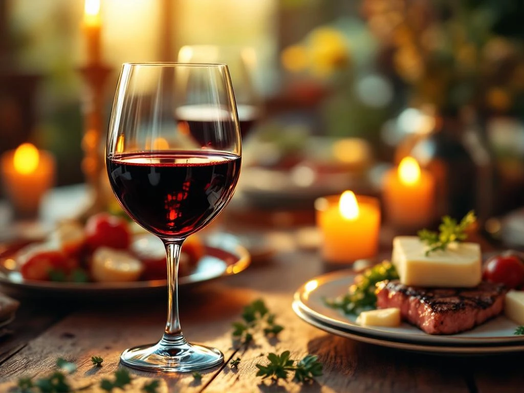 Glas rode Merlot wijn op rustieke houten tafel met gegrild vlees, kaas en kruiden bij kaarslicht