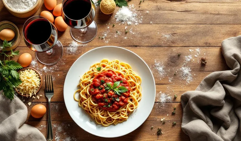 Elegante pasta met tomatensaus op houten tafel met rode en witte wijn, verse ingrediënten en warme verlichting