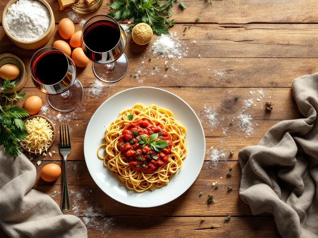 pasta-wijn-pairing-elegant-tafel-overhead.jpg Elegante pasta met tomatensaus op houten tafel met rode en witte wijn, verse ingrediënten en warme verlichting