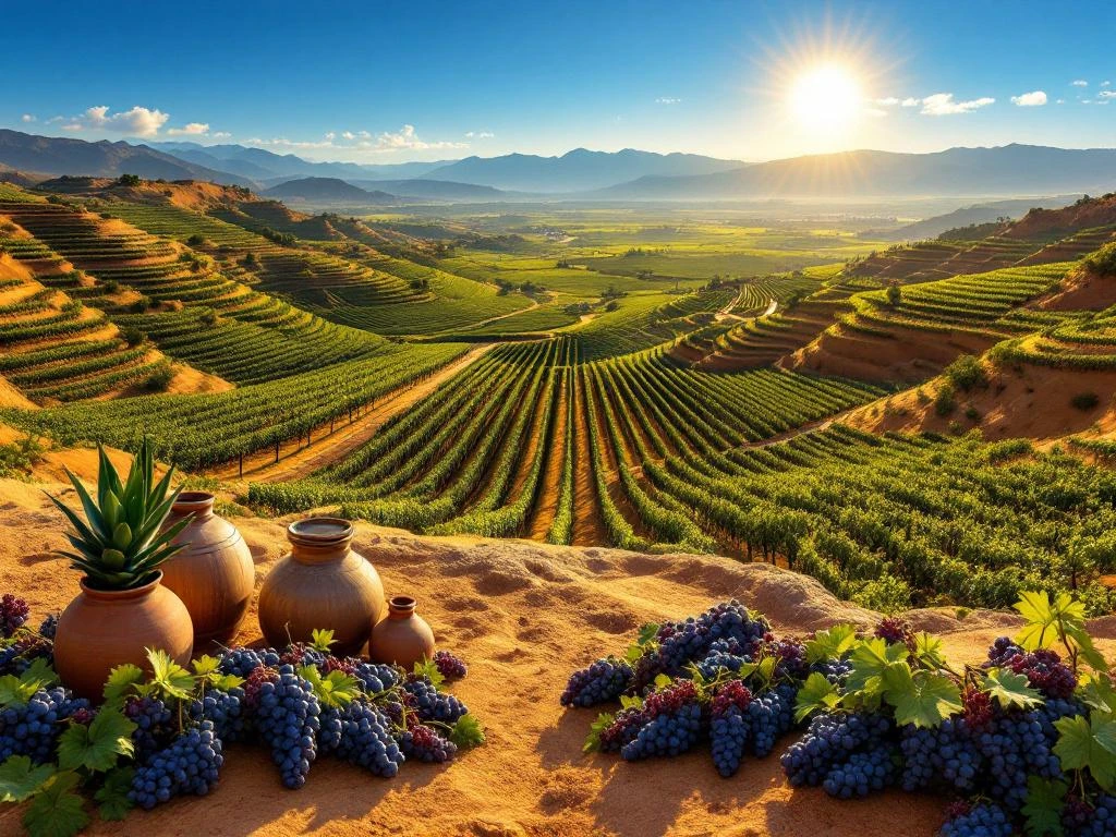 Luchtfoto van groene wijngaarden in Peru's Ica-vallei met woestijnlandschap en Andes-gebergte op de achtergrond