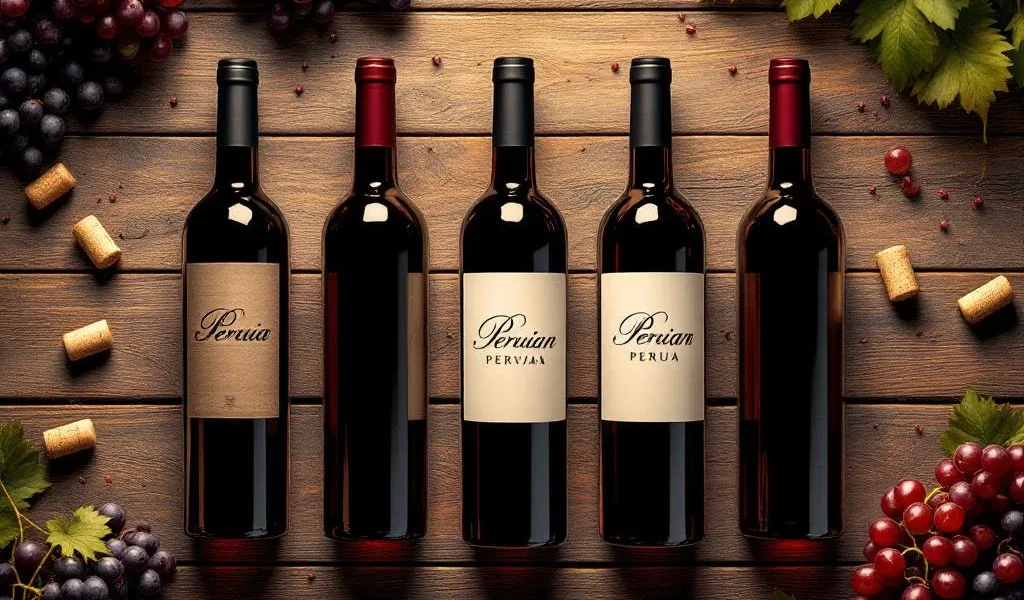 Vijf Peruaanse wijnflessen in halve cirkel op rustiek hout met druiventrossen en warme gouden verlichting