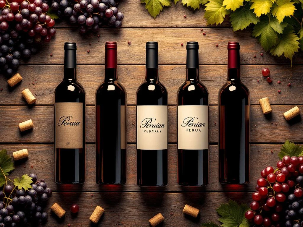 peruviaanse-wijnen-flessen-rustiek-hout-thumbnail.jpg Vijf Peruaanse wijnflessen in halve cirkel op rustiek hout met druiventrossen en warme gouden verlichting