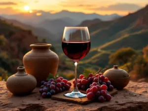 Glas Peruaanse rode wijn tegen Andes-achtergrond met wijngaarden, druiven en traditioneel aardewerk bij zonsondergang