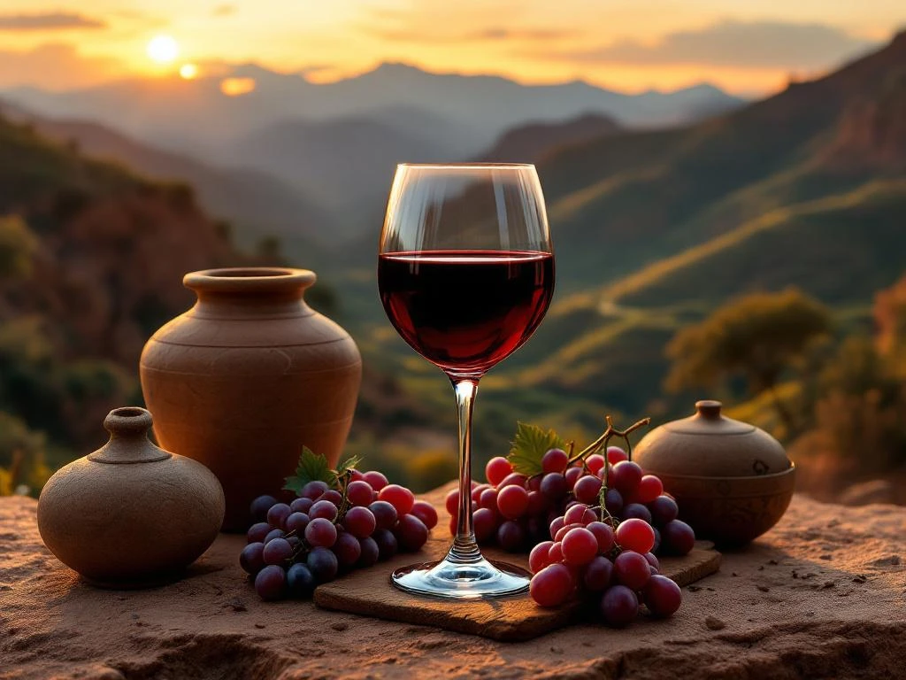 Glas Peruaanse rode wijn tegen Andes-achtergrond met wijngaarden, druiven en traditioneel aardewerk bij zonsondergang