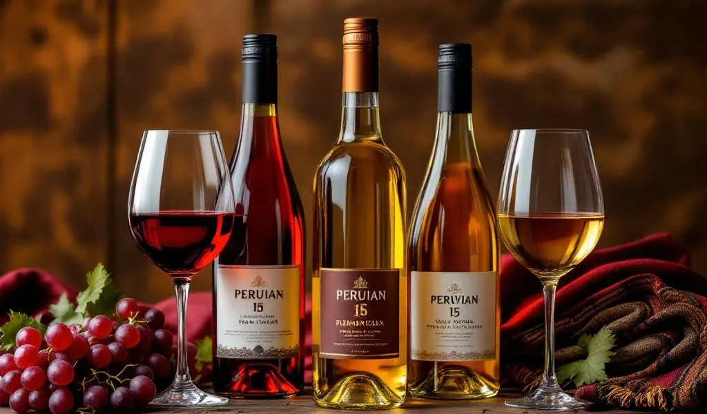 Elegante Peruaanse wijnproeverij met vijf wijnflessen, kristallen glazen en druiventrossen op rustiek houten oppervlak