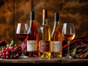 Elegante Peruaanse wijnproeverij met vijf wijnflessen, kristallen glazen en druiventrossen op rustiek houten oppervlak