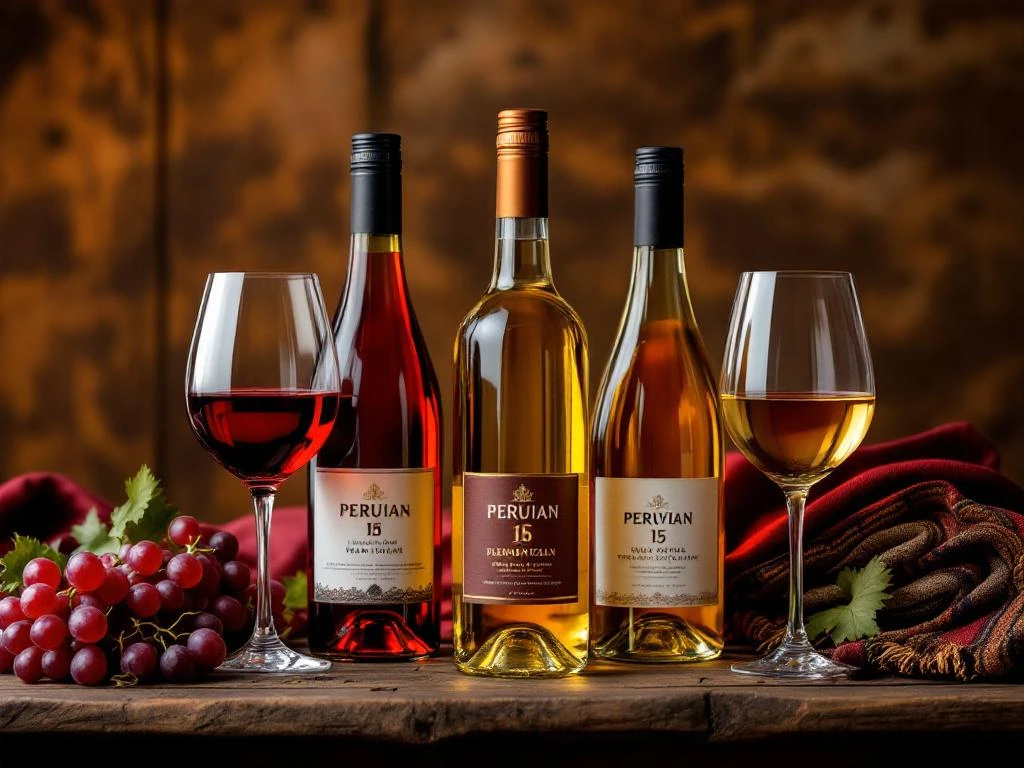 Elegante Peruaanse wijnproeverij met vijf wijnflessen, kristallen glazen en druiventrossen op rustiek houten oppervlak