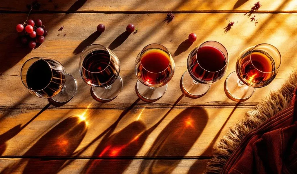 Zeven wijnglazen met Peruaanse wijnen en traditionele gerechten zoals ceviche op rustieke houten tafel