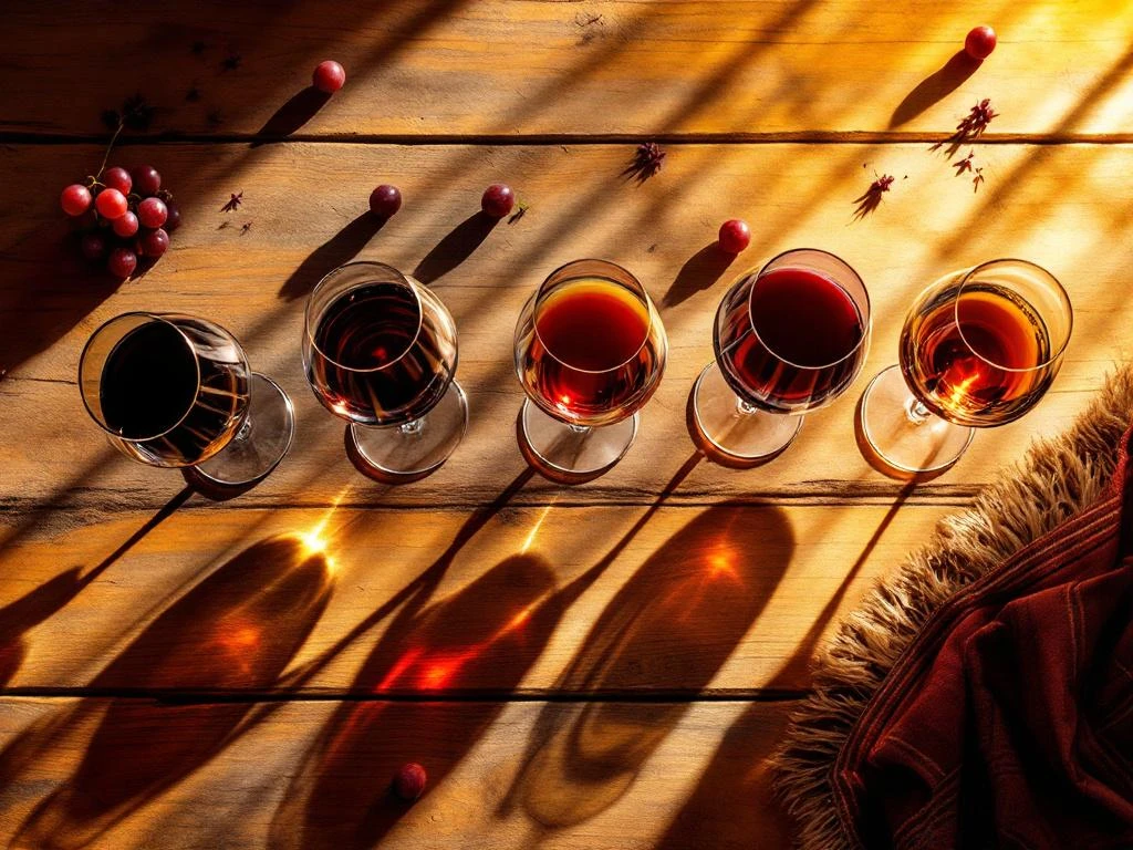 Zeven wijnglazen met Peruaanse wijnen en traditionele gerechten zoals ceviche op rustieke houten tafel