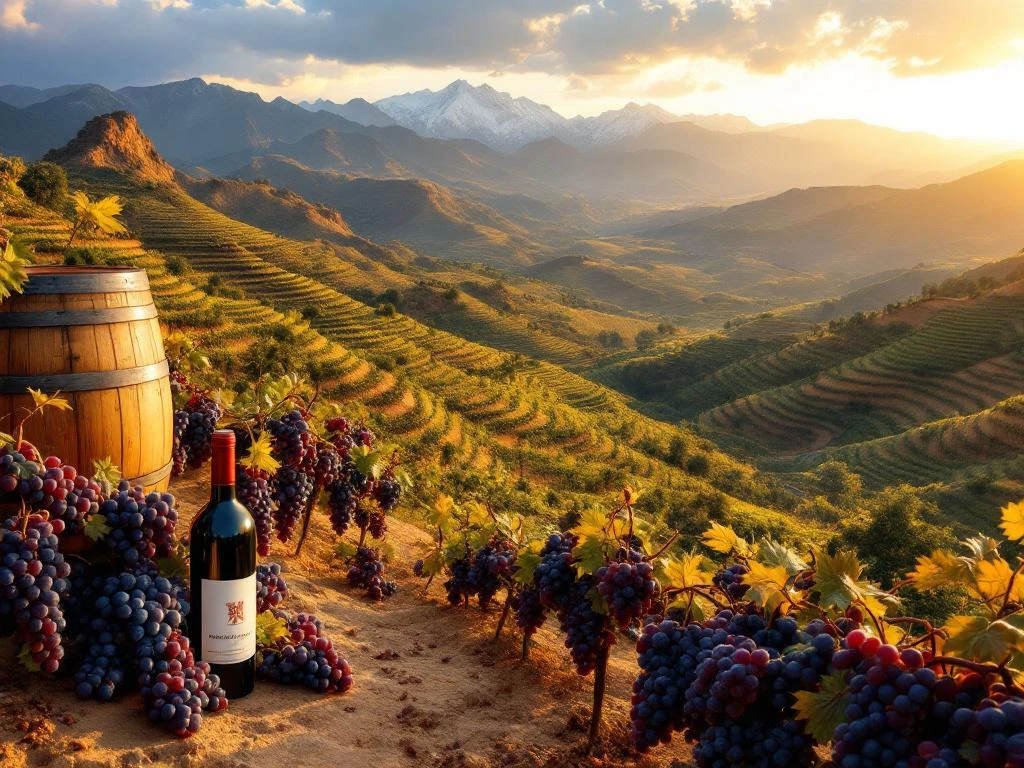 Luchtfoto van terrasvormige Peruaanse wijngaarden in Ica-vallei met Andes op achtergrond en rijpe druiven op voorgrond