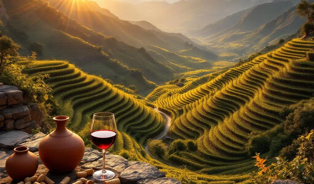 Luchtfoto van Peruaanse wijngaarden op Andesterrassen bij zonsondergang met wijnglas en traditionele aardewerk op voorgrond