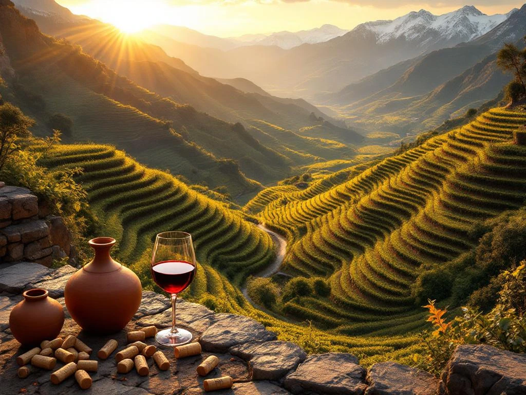 Luchtfoto van Peruaanse wijngaarden op Andesterrassen bij zonsondergang met wijnglas en traditionele aardewerk op voorgrond