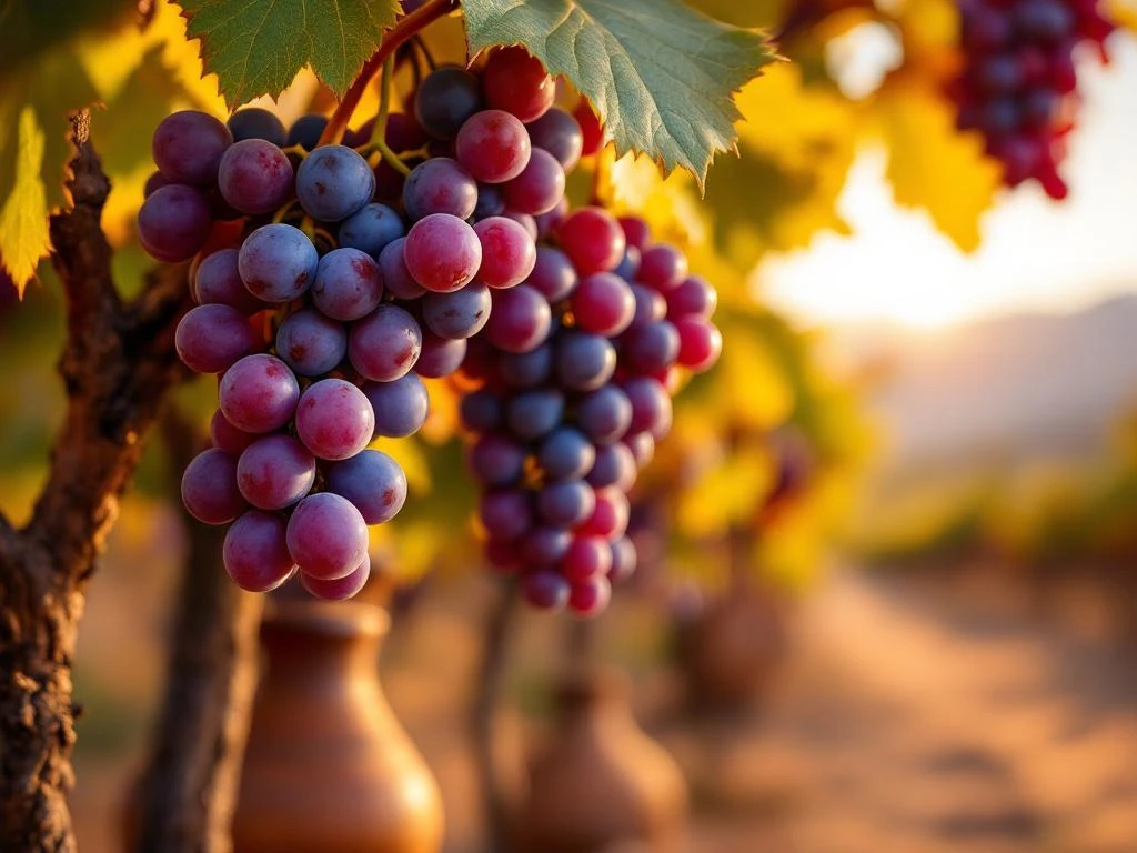 peru-wijngaard-druiven-andes-bergen-wijnmakerij.jpg Paarse druiventrossen aan oude wijnstokken in Peruaanse woestijn met Andes op achtergrond tijdens gouden uur