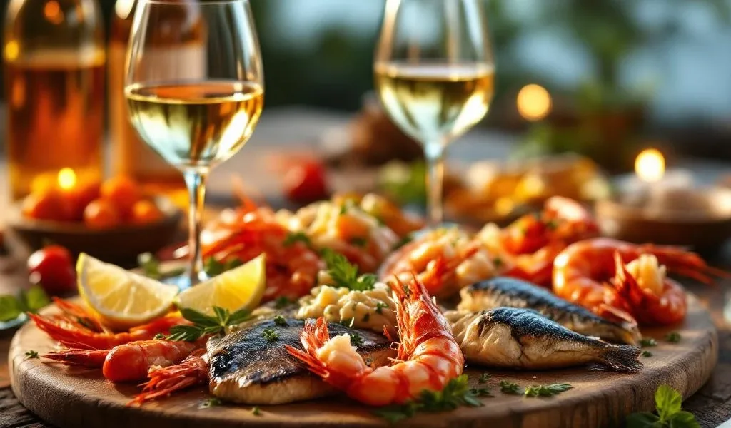 Verse zeevruchten en ceviche op houten tafel met Peruaanse witte en rode wijn in gouden licht