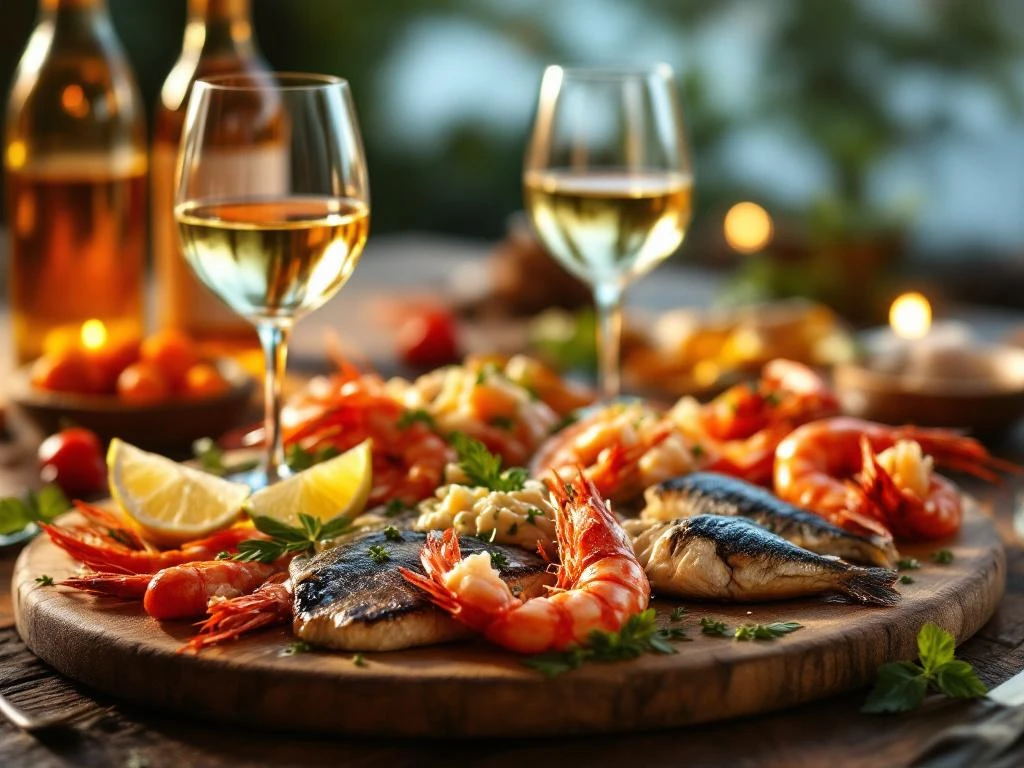 Verse zeevruchten en ceviche op houten tafel met Peruaanse witte en rode wijn in gouden licht