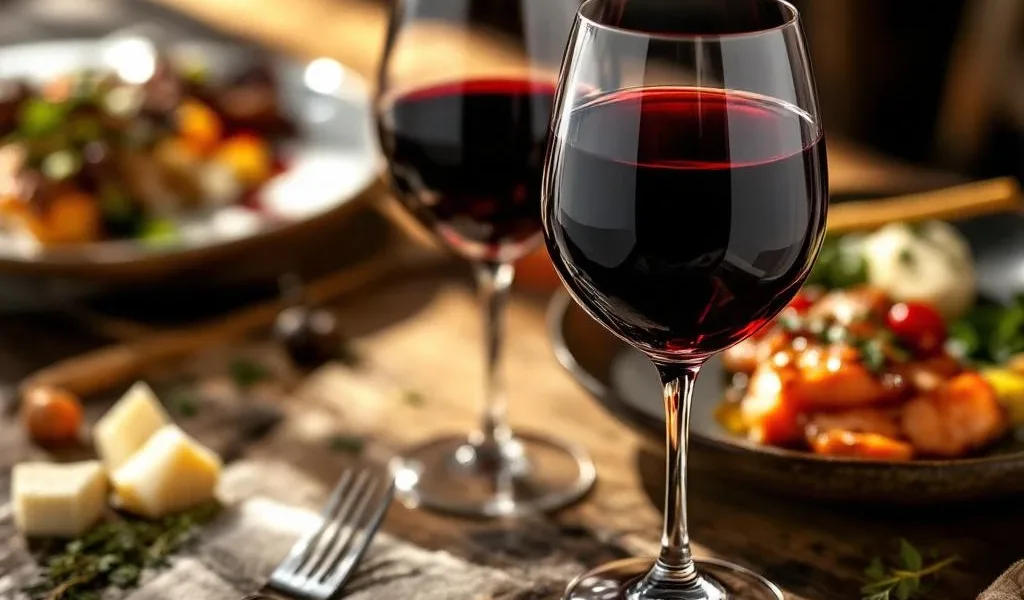 Glas dieprode Pinot Noir wijn naast gourmet gerechten op rustieke houten tafel met warme verlichting