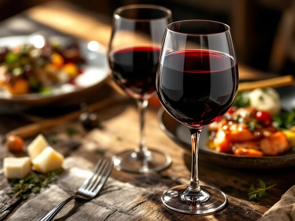 Glas dieprode Pinot Noir wijn naast gourmet gerechten op rustieke houten tafel met warme verlichting