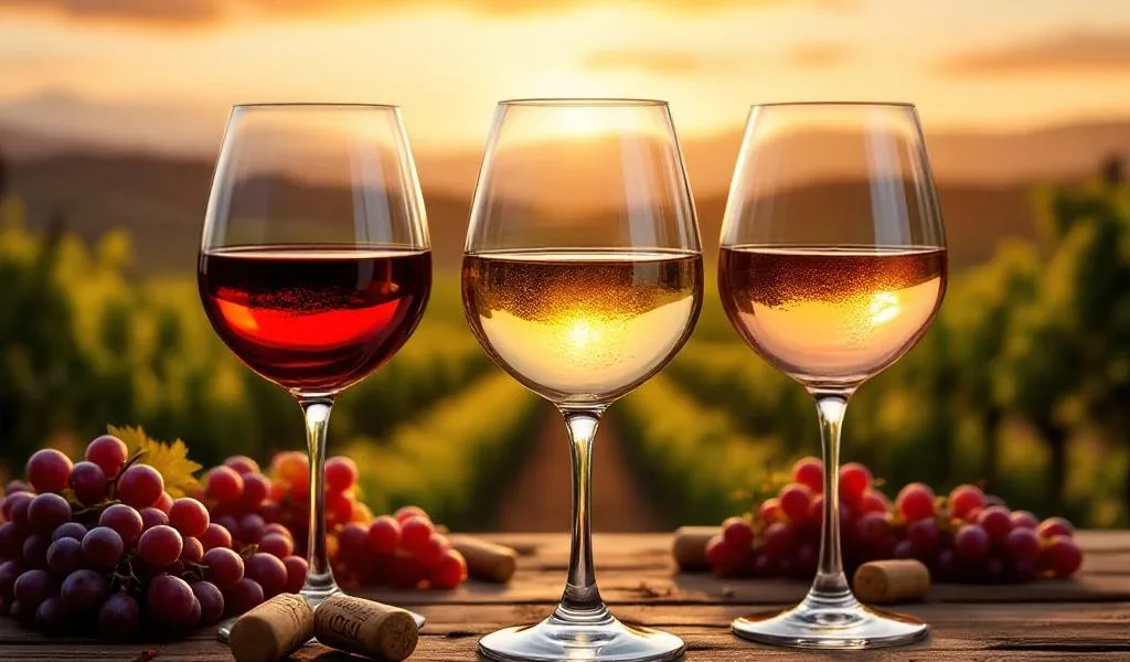 Drie wijnglazen met Pinot Noir, Pinot Grigio en Pinot Rosé op rustieke houten tafel met wijngaard op achtergrond