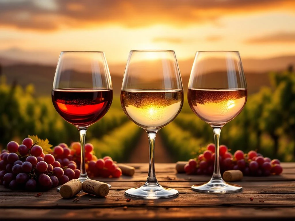 pinot-wijn-varieteiten-glazen-proeverij.jpg Drie wijnglazen met Pinot Noir, Pinot Grigio en Pinot Rosé op rustieke houten tafel met wijngaard op achtergrond