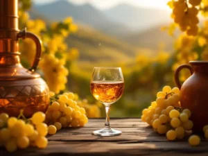 Amber pisco wordt ingeschonken in kristallen glas met Peruaanse wijngaard en Andes bergen op achtergrond