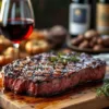 Gegrilde ribeye steak met grillstrepen op houten plank naast glas rode Argentijnse Malbec wijn