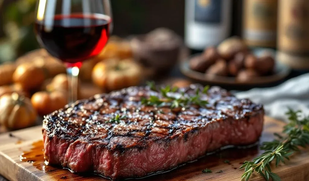 Gegrilde ribeye steak met grillstrepen op houten plank naast glas rode Argentijnse Malbec wijn