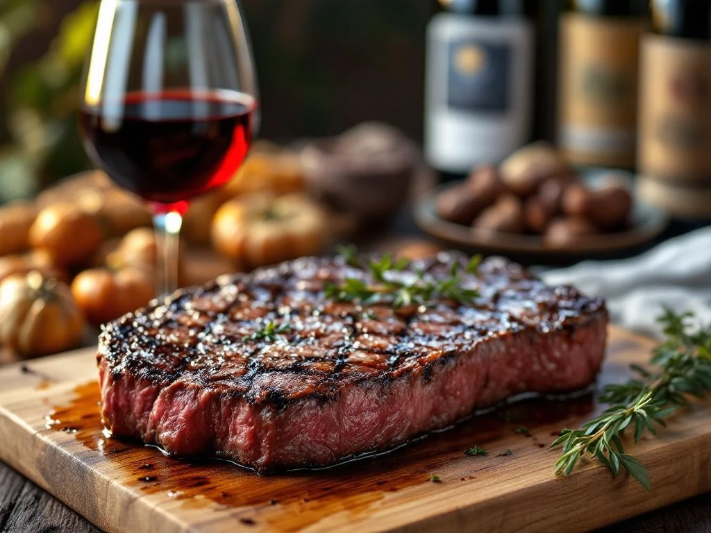 Gegrilde ribeye steak met grillstrepen op houten plank naast glas rode Argentijnse Malbec wijn