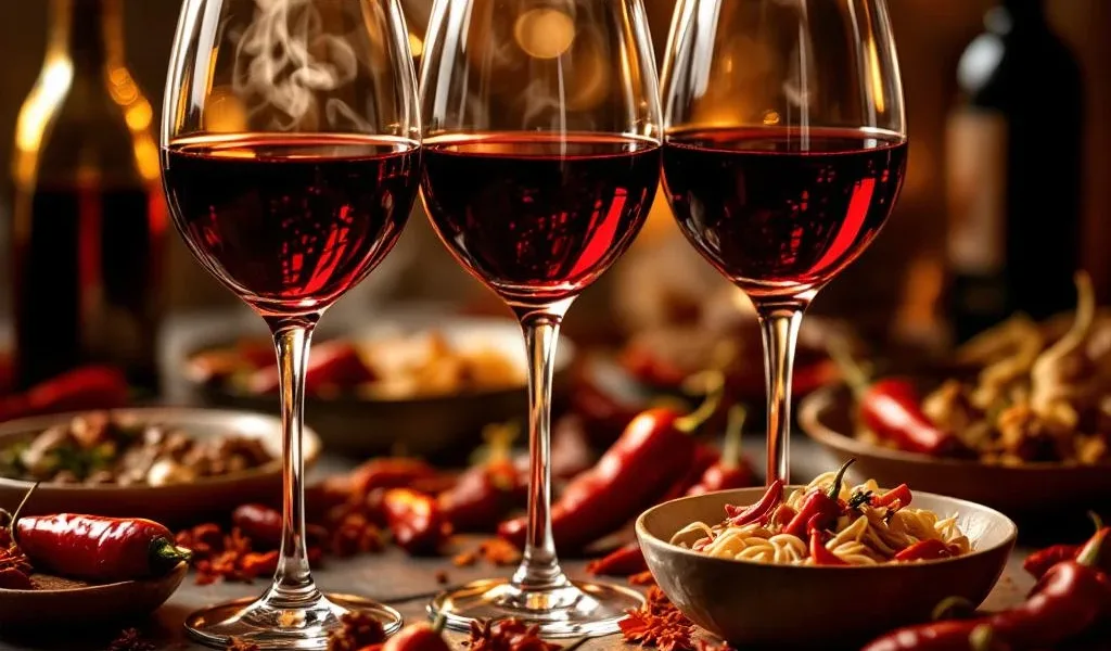 Elegante rode wijnglazen naast pittige gerechten met chilipepers en kruiden in warm gouden licht
