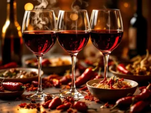 Elegante rode wijnglazen naast pittige gerechten met chilipepers en kruiden in warm gouden licht