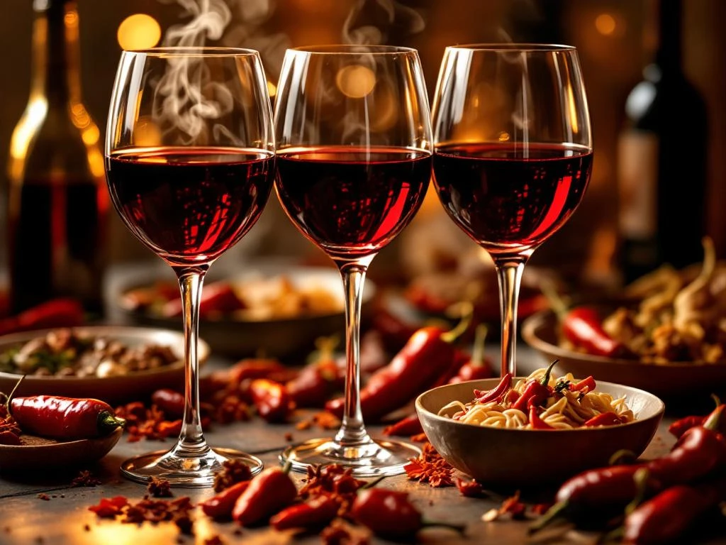 wijn-kruidige-gerechten-pairing-glaasjes.jpg Elegante rode wijnglazen naast pittige gerechten met chilipepers en kruiden in warm gouden licht