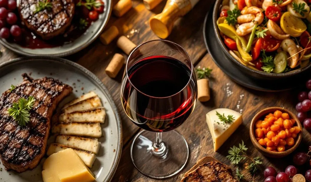 Luxe diner tafel van bovenaf met rode wijn glas omringd door gegrilde steak, zeevruchten en groenten op rustiek hout