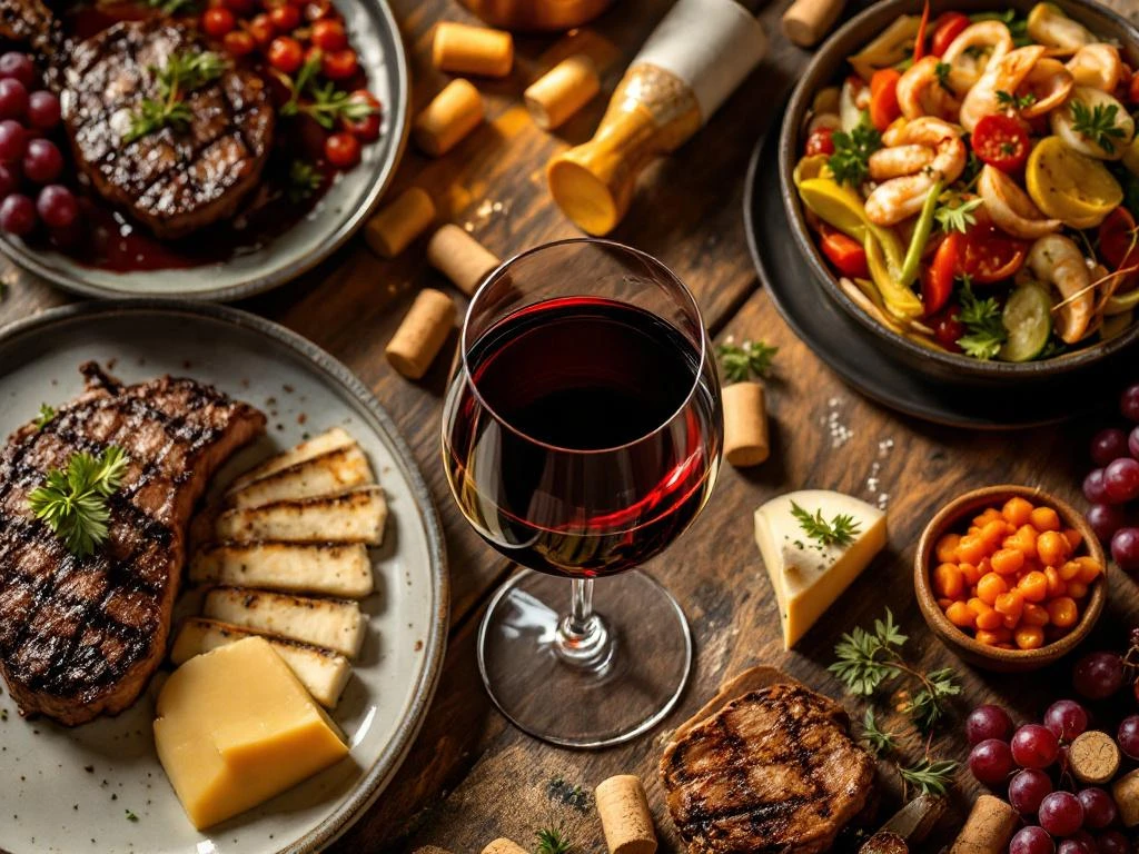 wijn-pairing-luxe-diner-tafel-setting.jpg Luxe diner tafel van bovenaf met rode wijn glas omringd door gegrilde steak, zeevruchten en groenten op rustiek hout