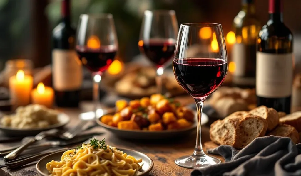 Rustieke houten tafel met rode wijn, pasta, vlees en brood bij kaarslicht in warme, gezellige eetomgeving
