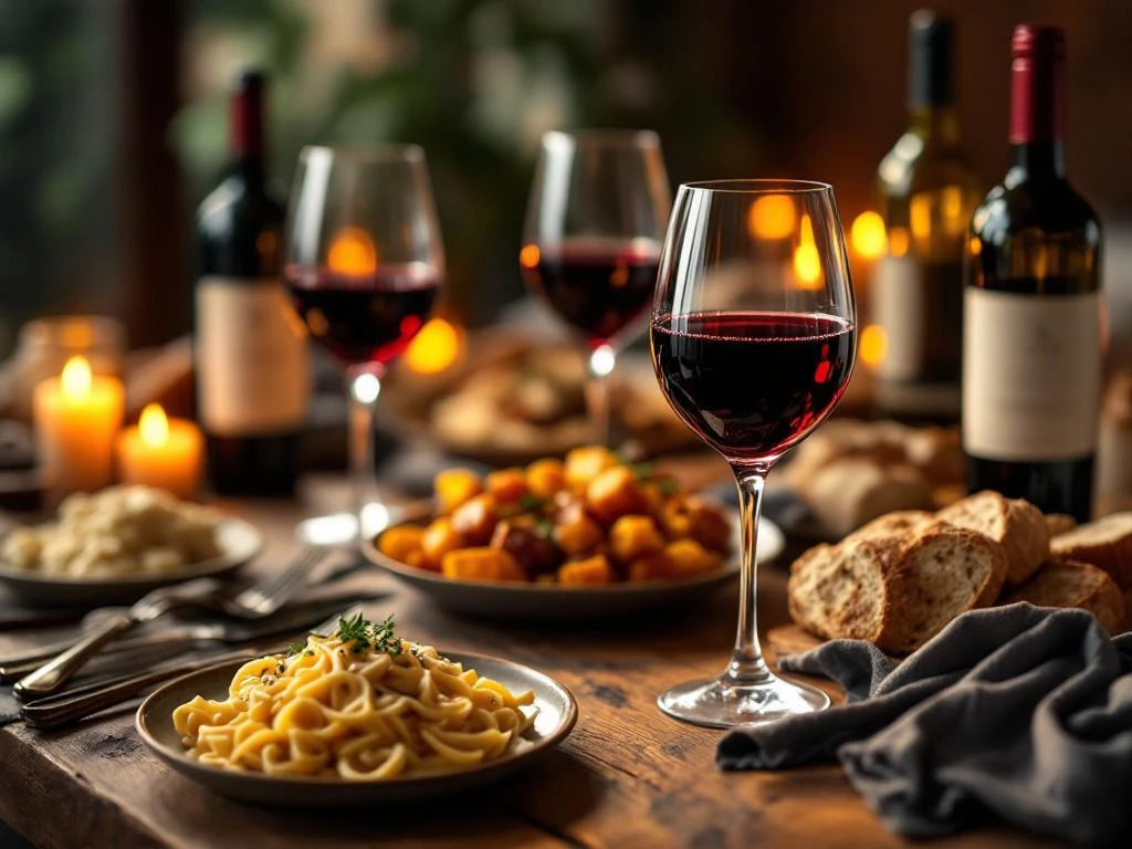Rustieke houten tafel met rode wijn, pasta, vlees en brood bij kaarslicht in warme, gezellige eetomgeving