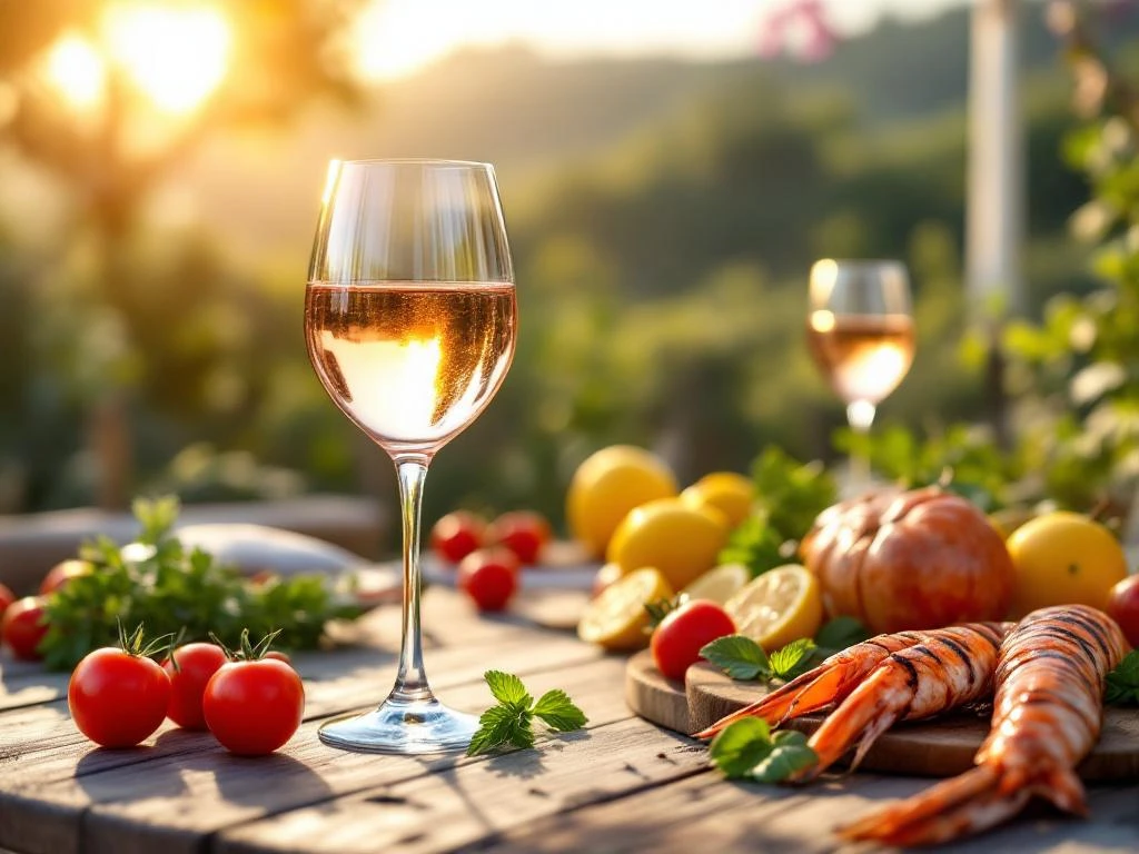 Rosé wijnglas met roze wijn op houten tafel met verse tomaten, kruiden en zeevruchten in mediterrane setting