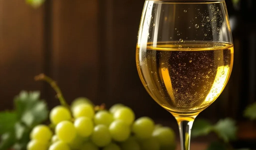 Elegant Sauvignon Blanc wijnglas met gouden-witte wijn op donkere houten achtergrond met druiventrossen