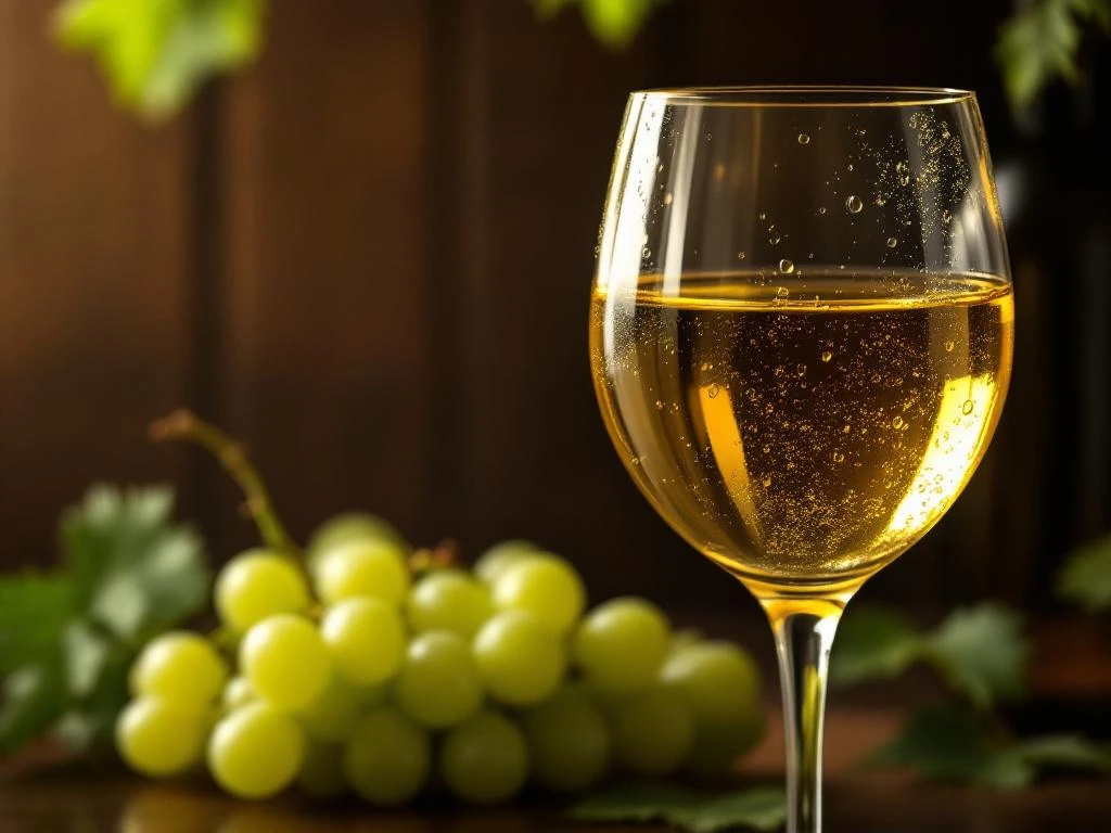 Elegant Sauvignon Blanc wijnglas met gouden-witte wijn op donkere houten achtergrond met druiventrossen