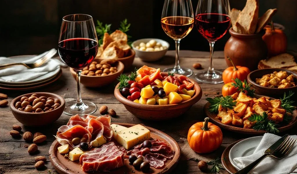 Spaanse tapas met jamón ibérico, manchego kaas en olijven op rustieke houten tafel met rode, witte en rosé wijn