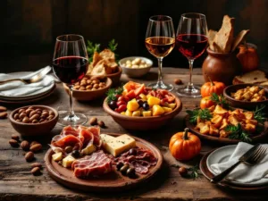 Spaanse tapas met jamón ibérico, manchego kaas en olijven op rustieke houten tafel met rode, witte en rosé wijn