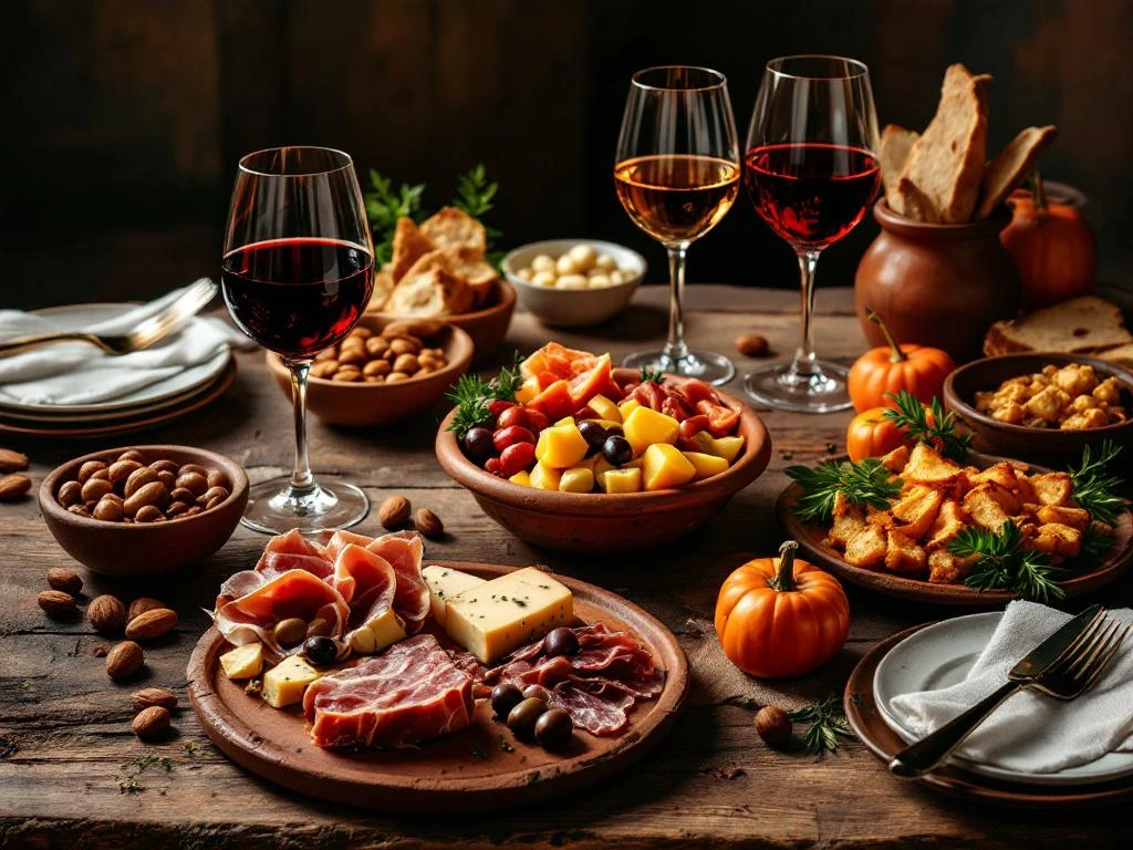 Spaanse tapas met jamón ibérico, manchego kaas en olijven op rustieke houten tafel met rode, witte en rosé wijn
