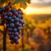 Donkerpaarse Tannat druiven aan wijnstok met gouden ochtendlicht en Uruguayaanse wijngaarden op achtergrond