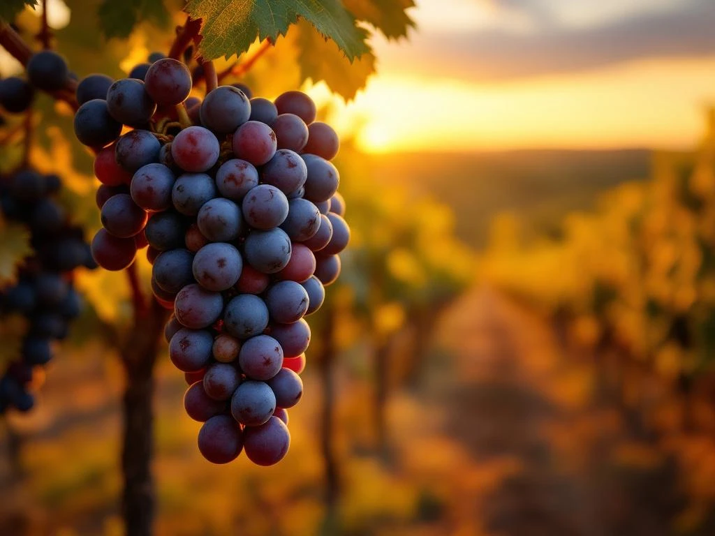 Donkerpaarse Tannat druiven aan wijnstok met gouden ochtendlicht en Uruguayaanse wijngaarden op achtergrond